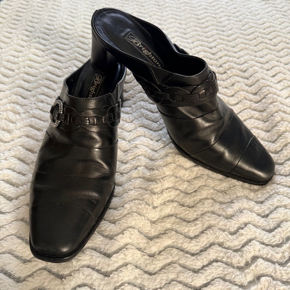 Brighton Tamia Black Braided Buckle Leather Mules Heel Slip On Shoes Sz 8.5M